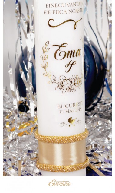 Lumanare de botez personalizata, print folio gold, 30x8cm, Ema 1